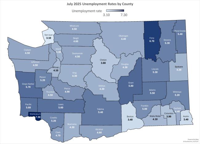 Unemployment rates map for Washington state July 2025