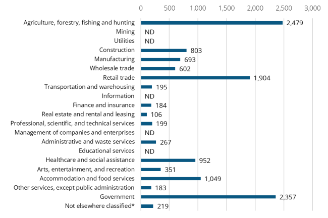 A bar graph showing the 2024 annual average industry employment in Douglas County