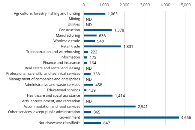 A bar graph showing the 2024 annual average industry employment in Kittitas County