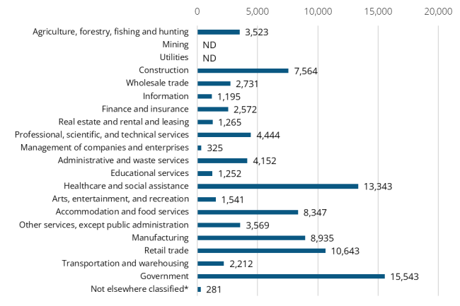 A bar graph showing the 2024 annual average industry employment in Whatcom County